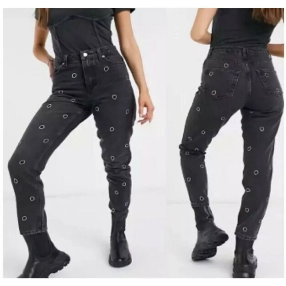 TopShop 26/30 Black alien sequined appliqué high rise cropped mom jeans
